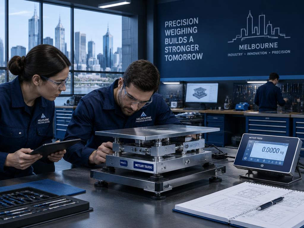 Engineers calibrating weighing equipment